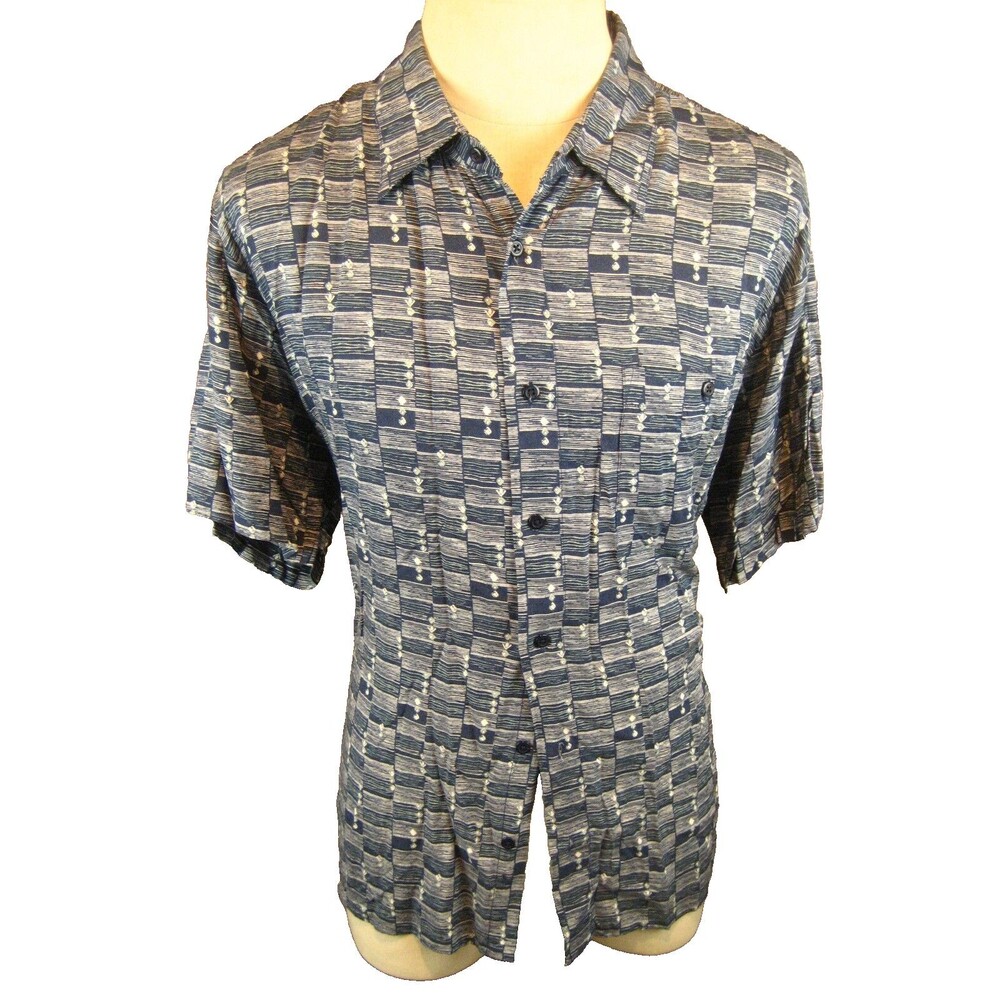 Mens Manhattan Blue Geometric Design SS 100% Rayon Casual Shirt sz XL